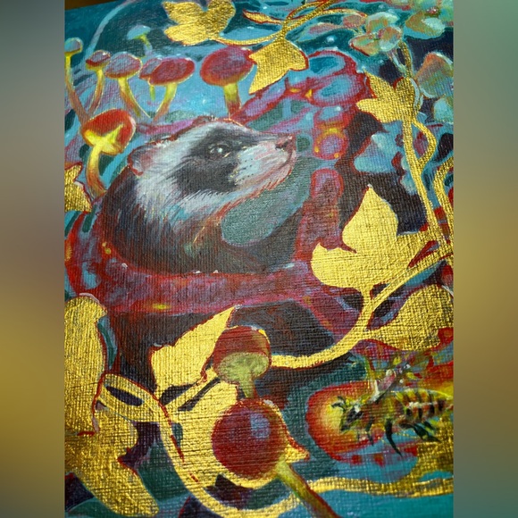 Ferret Mushroom Gold Accent Painting Original Art honeybee Artwork Artettina USA - Picture 7 of 11
